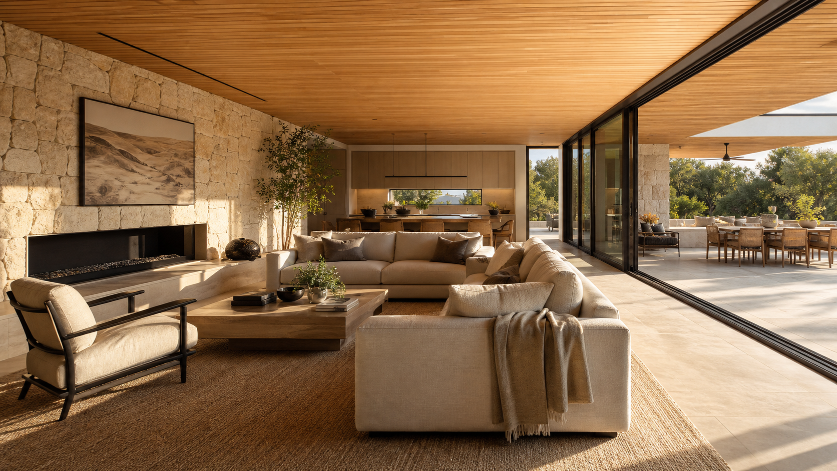 Luxury great room with oak slat ceiling and stone accent wall balancing hard and soft materials