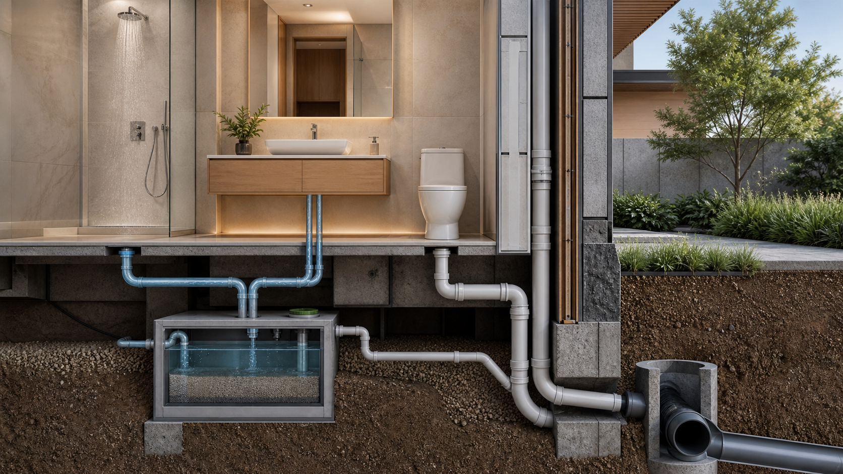 Cutaway illustration of a home's separated greywater and blackwater plumbing paths