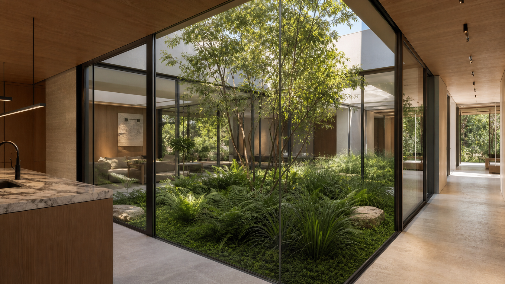 Interior courtyard at the center of a modern luxury home with glass walls and lush landscaping