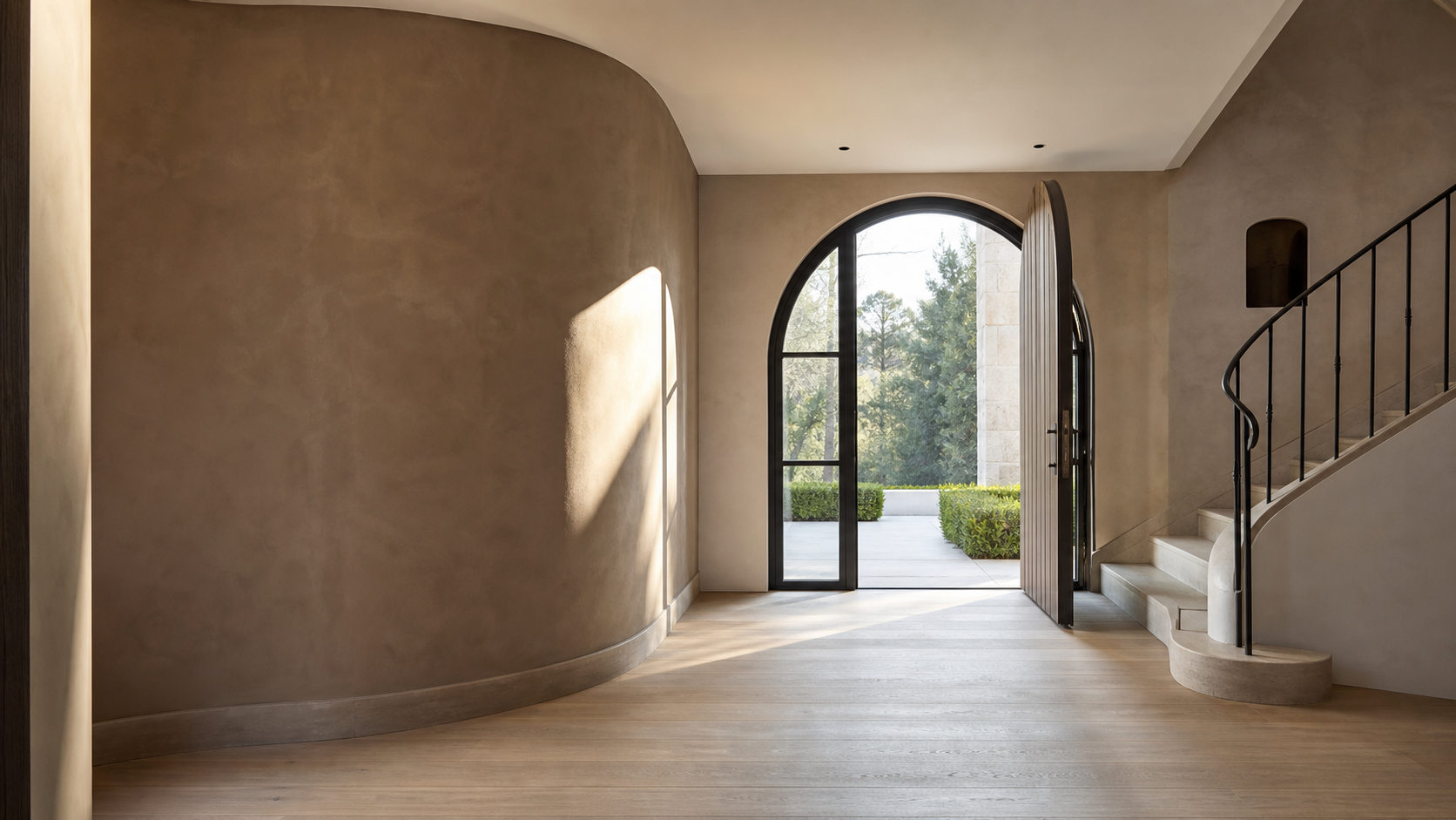Arched front doorway and curved plaster foyer wall in a luxury custom home