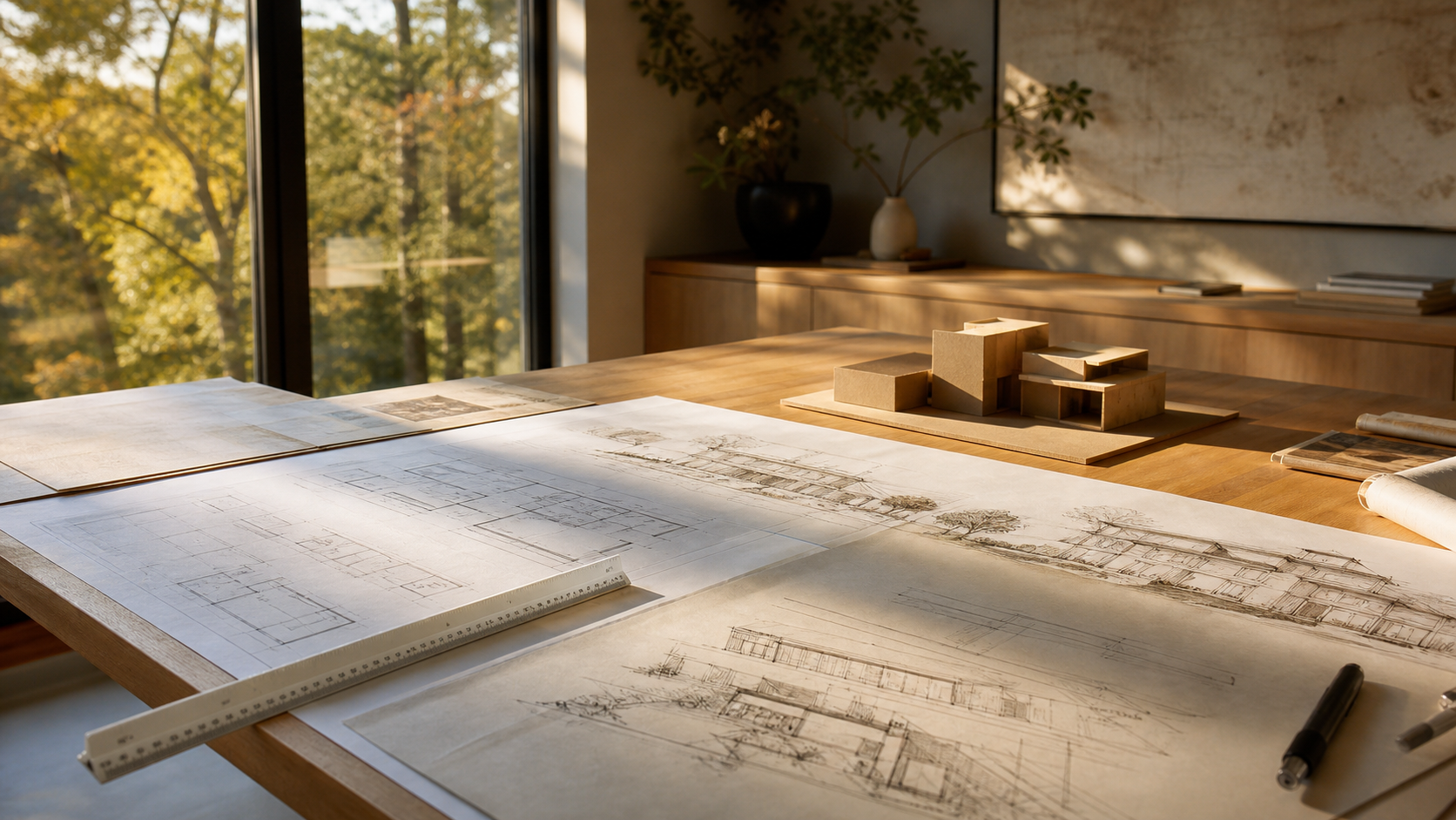 Custom home floor plans, sketches and a chipboard massing model on a studio table in afternoon light