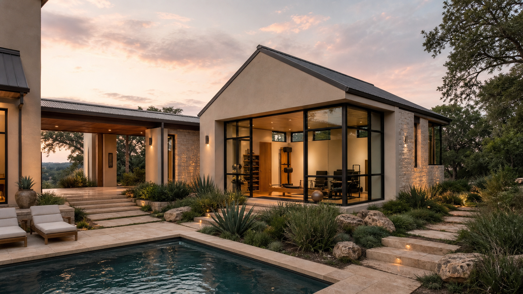 Standalone wellness pavilion connected to a luxury home by a covered breezeway