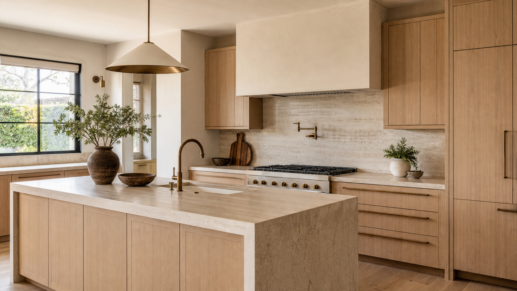 Warm-modern luxury kitchen with white oak cabinetry and honed travertine