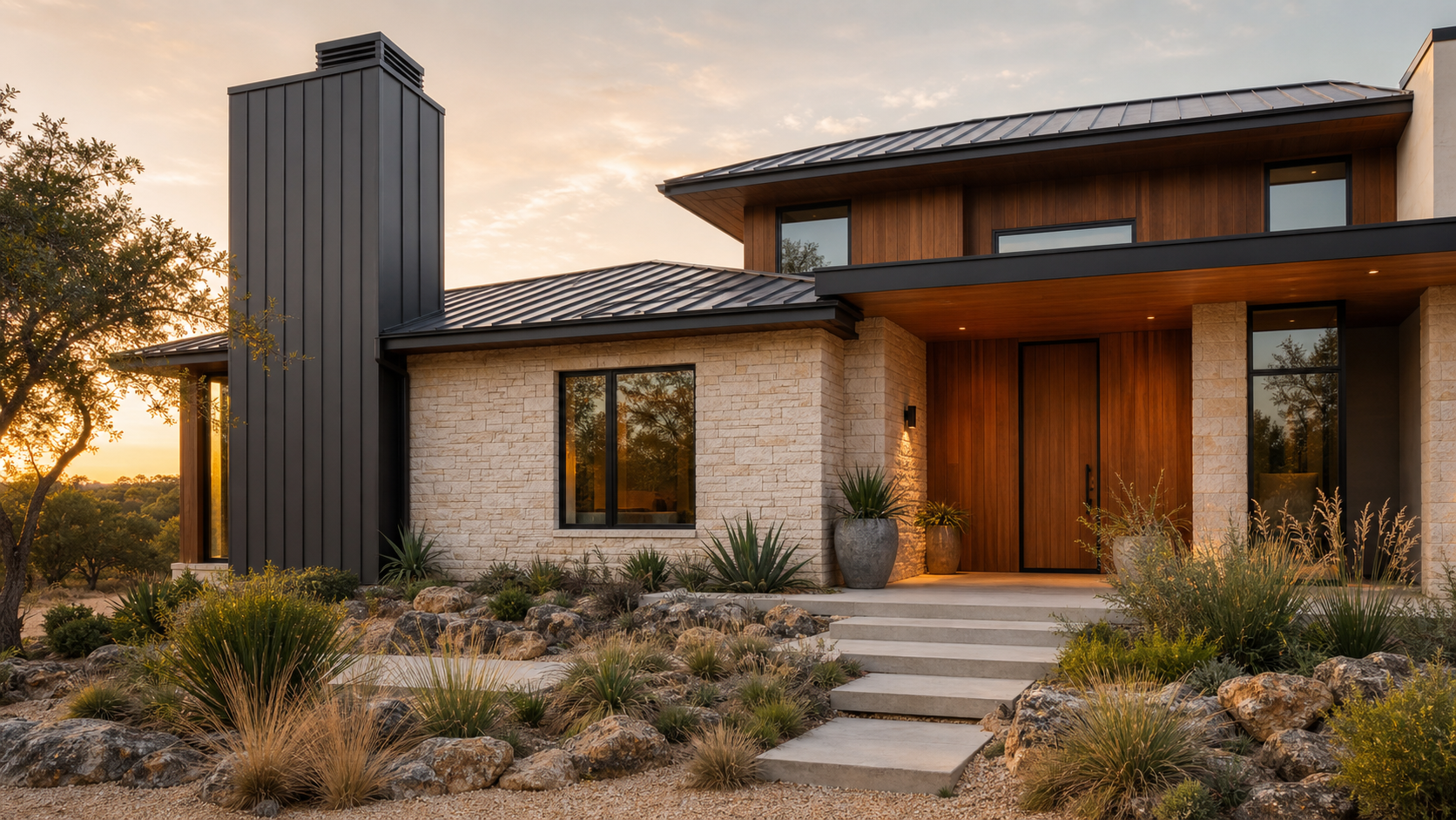Modern luxury home facade combining limestone, metal, and wood cladding