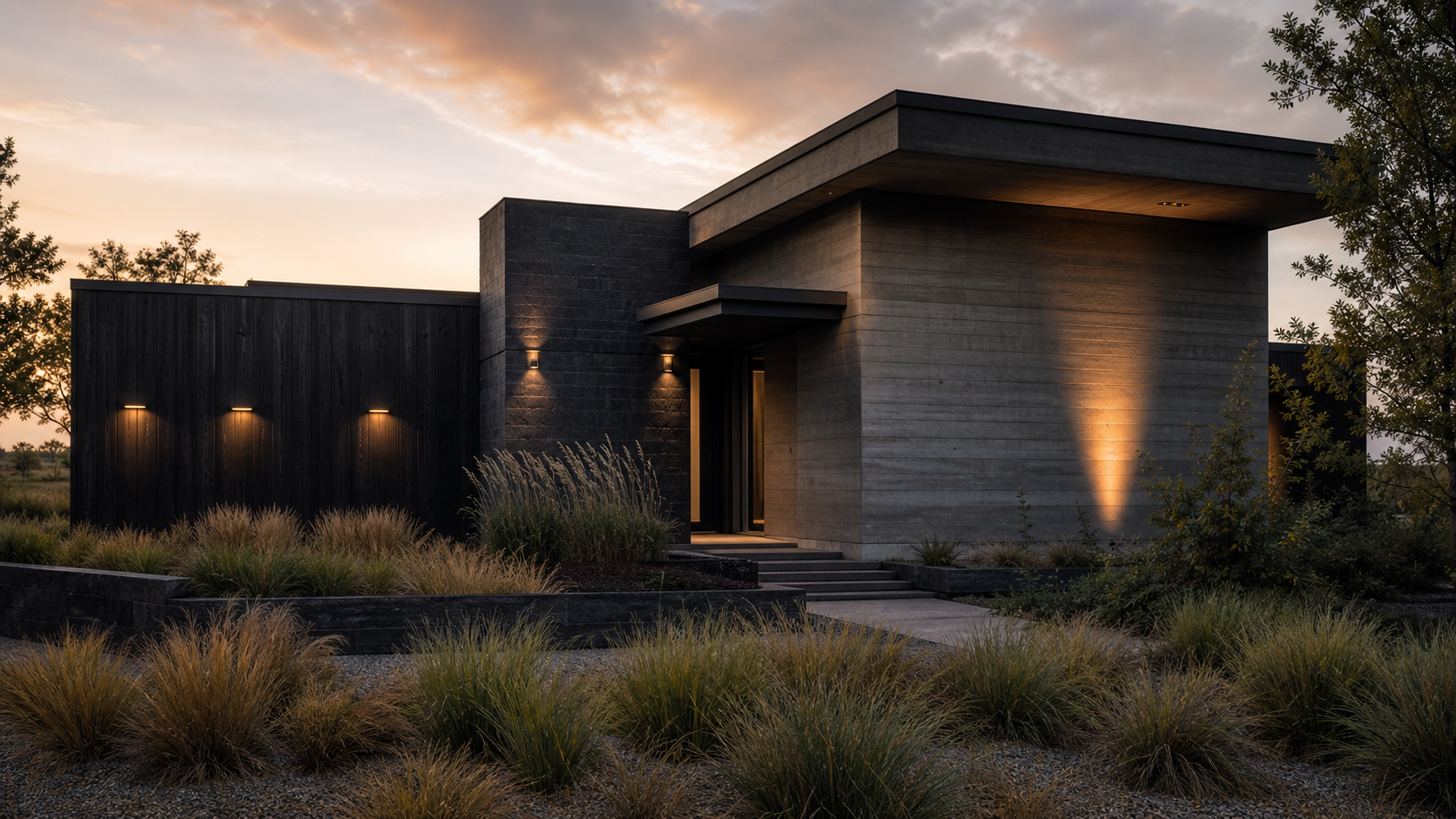 Luxury home exterior blending raw concrete, black limestone, and charred cedar