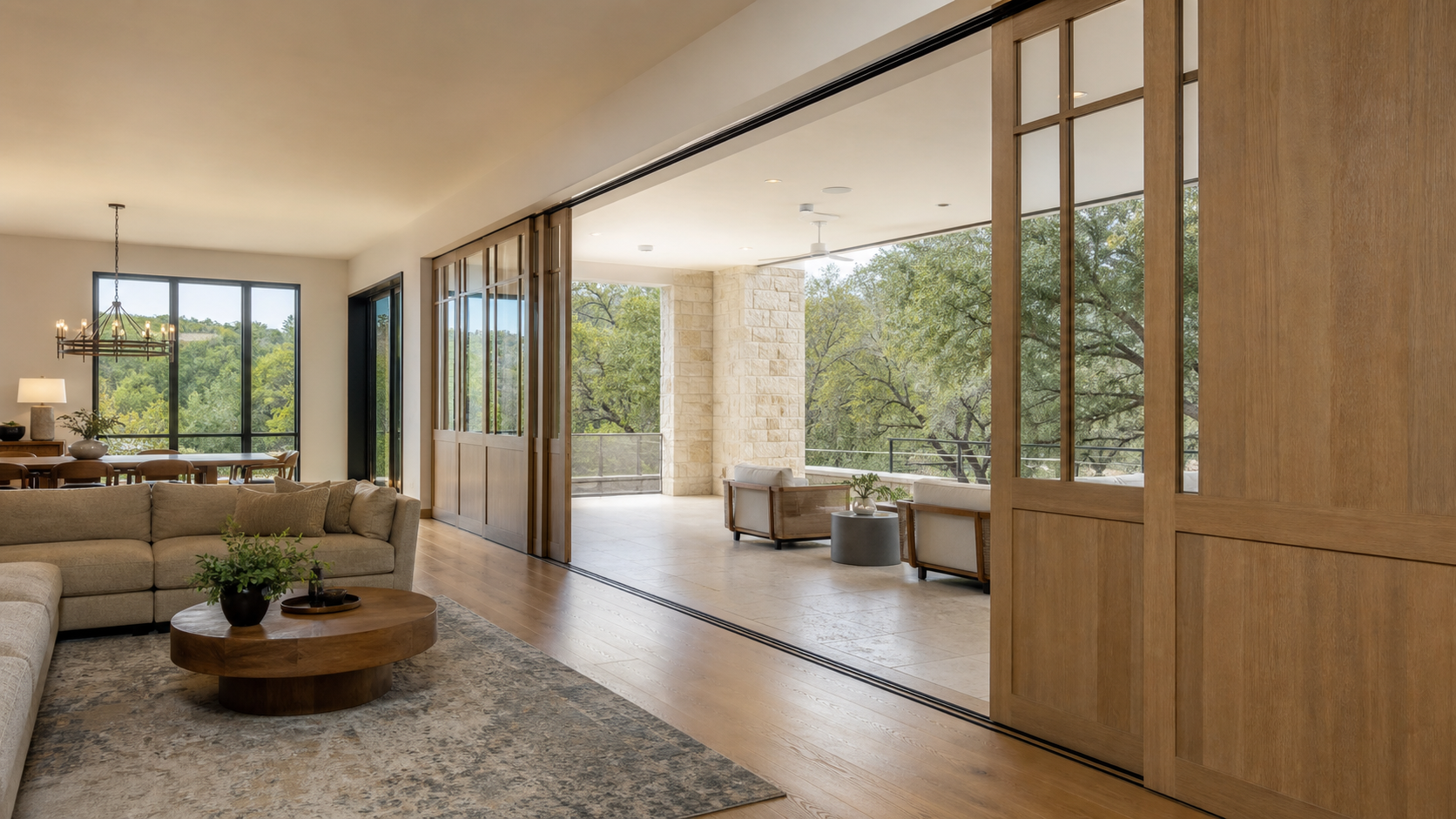 Great room with a half-open sliding partition wall in a luxury Texas home