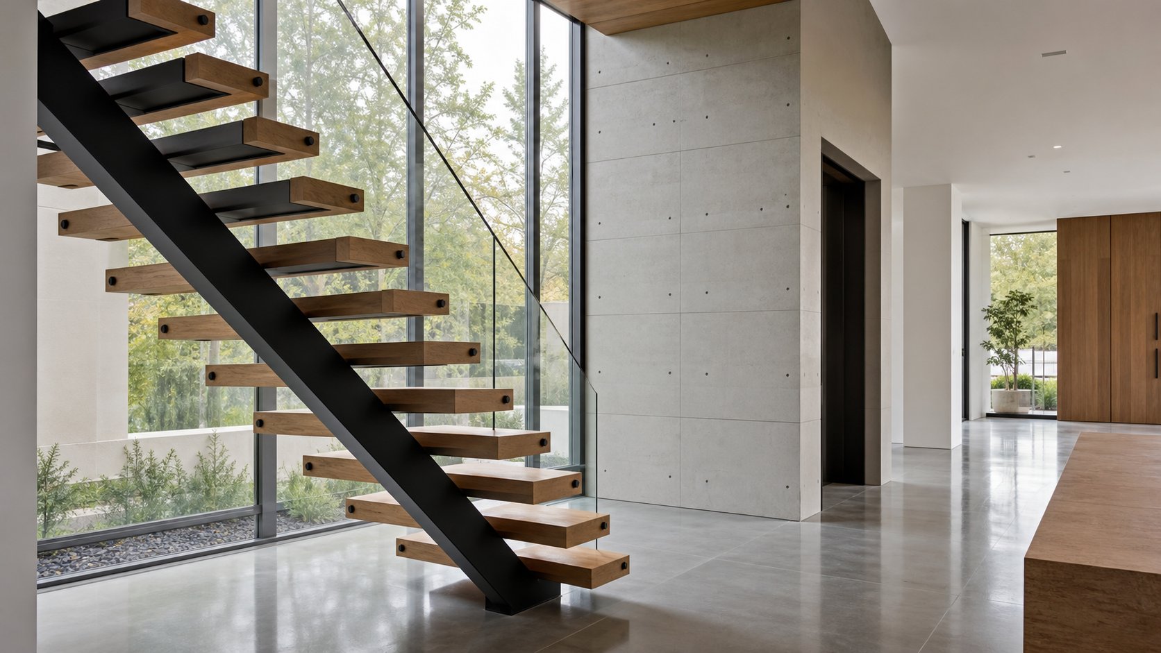 Floating staircase with matte black steel mono-stringer and oak treads in a luxury home foyer