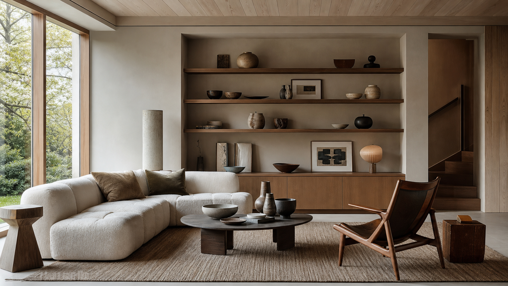 Midimalist living room with curated shelving and mixed-era furniture