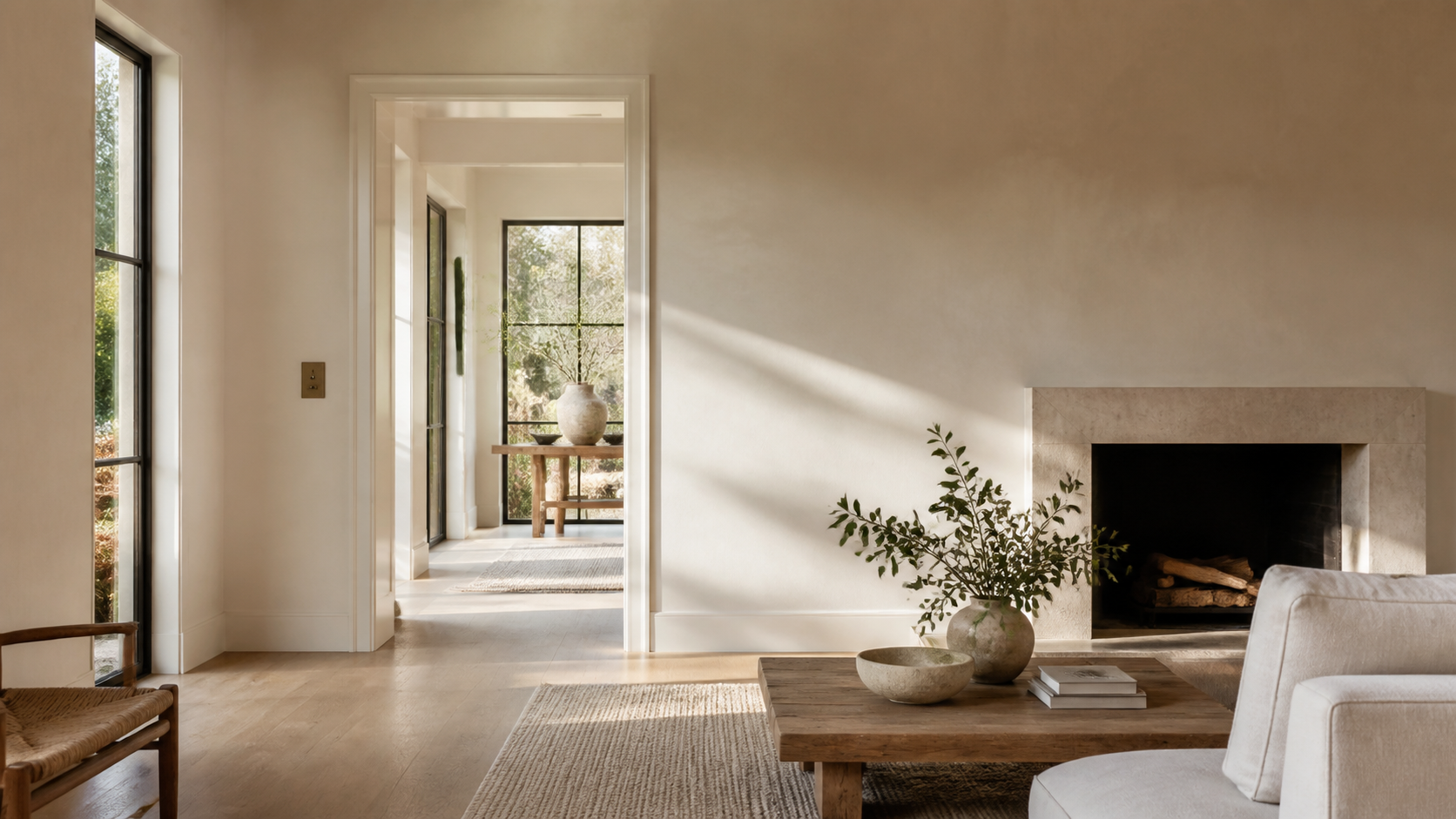 Calm plaster-walled luxury living room with a single discreet keypad and no visible technology