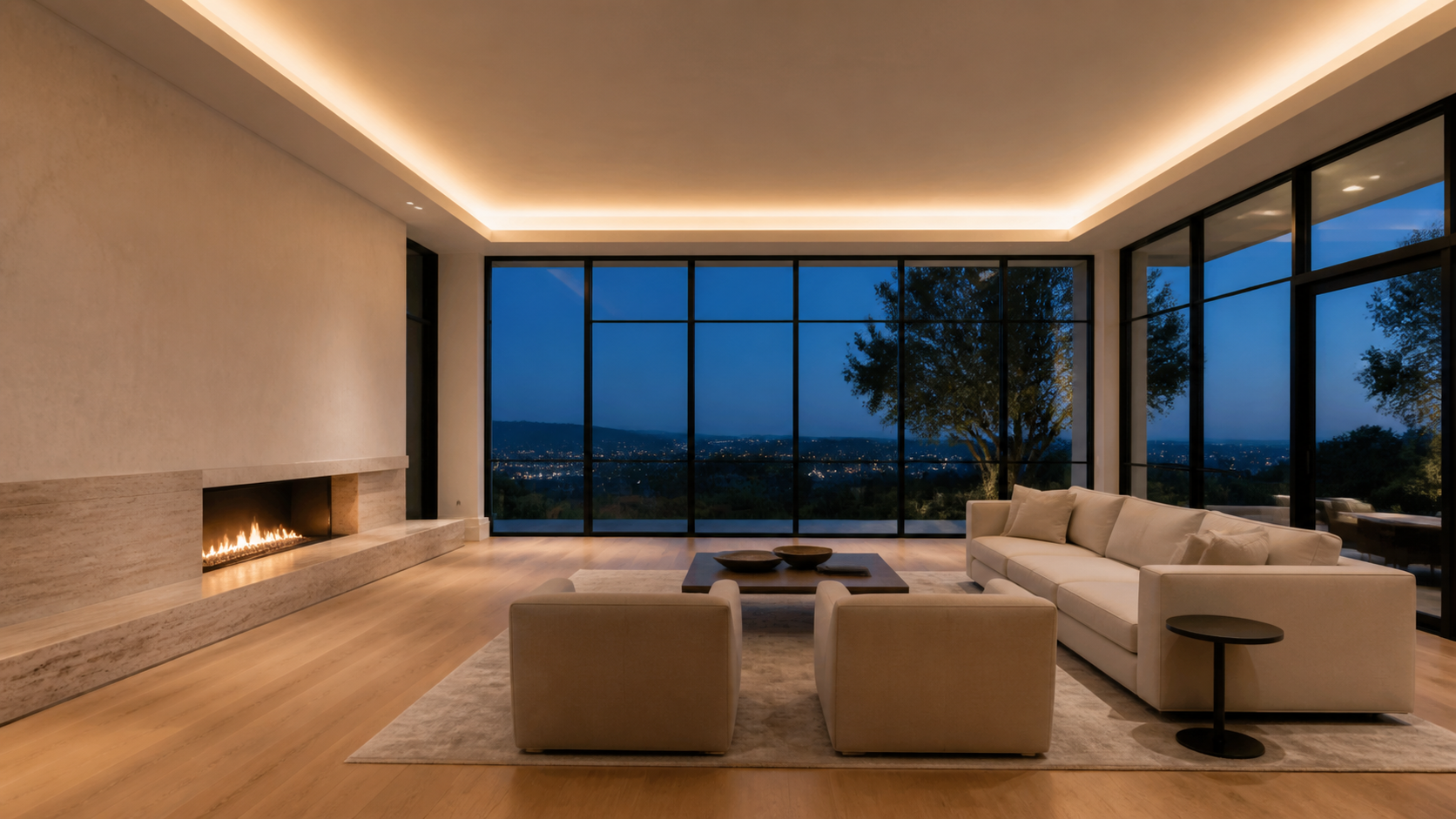 Modern living room with hidden cove lighting washing a stepped plaster ceiling at dusk