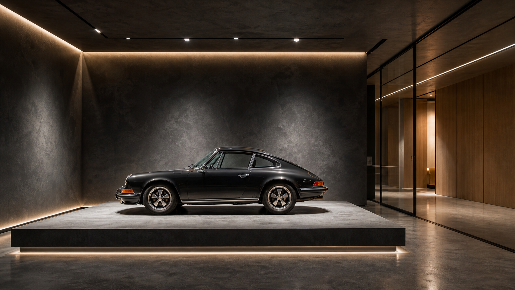 Gallery-style garage with a car on a raised display plinth under accent lighting