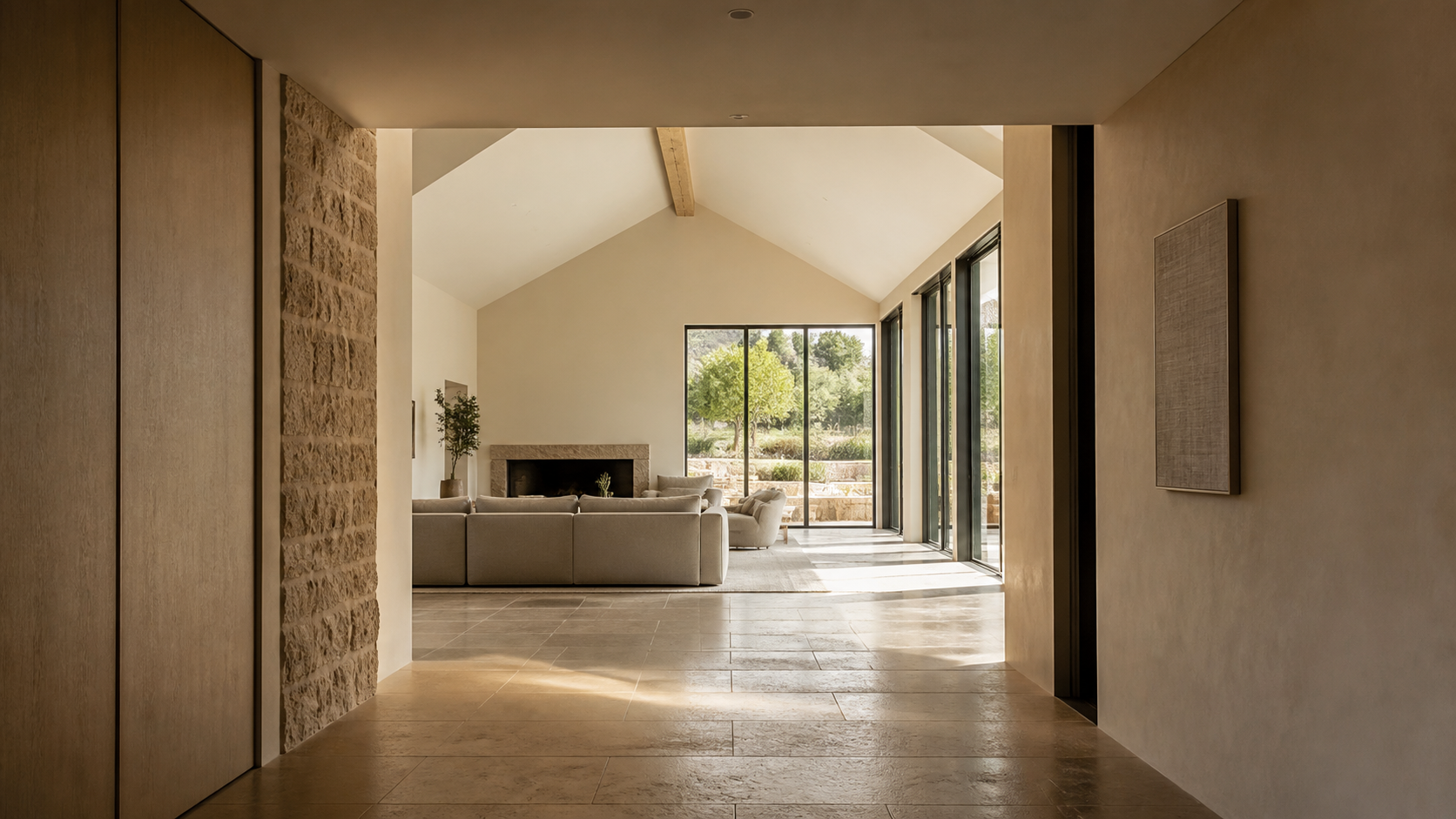 Low entry hall opening into a tall vaulted living room ceiling