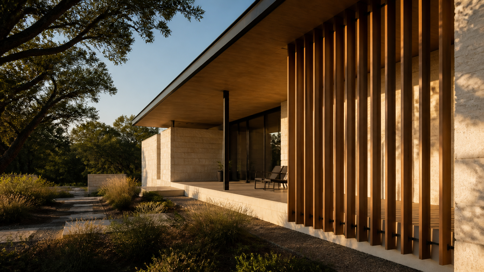 Western elevation of a modern home with deep loggia and vertical sun screens