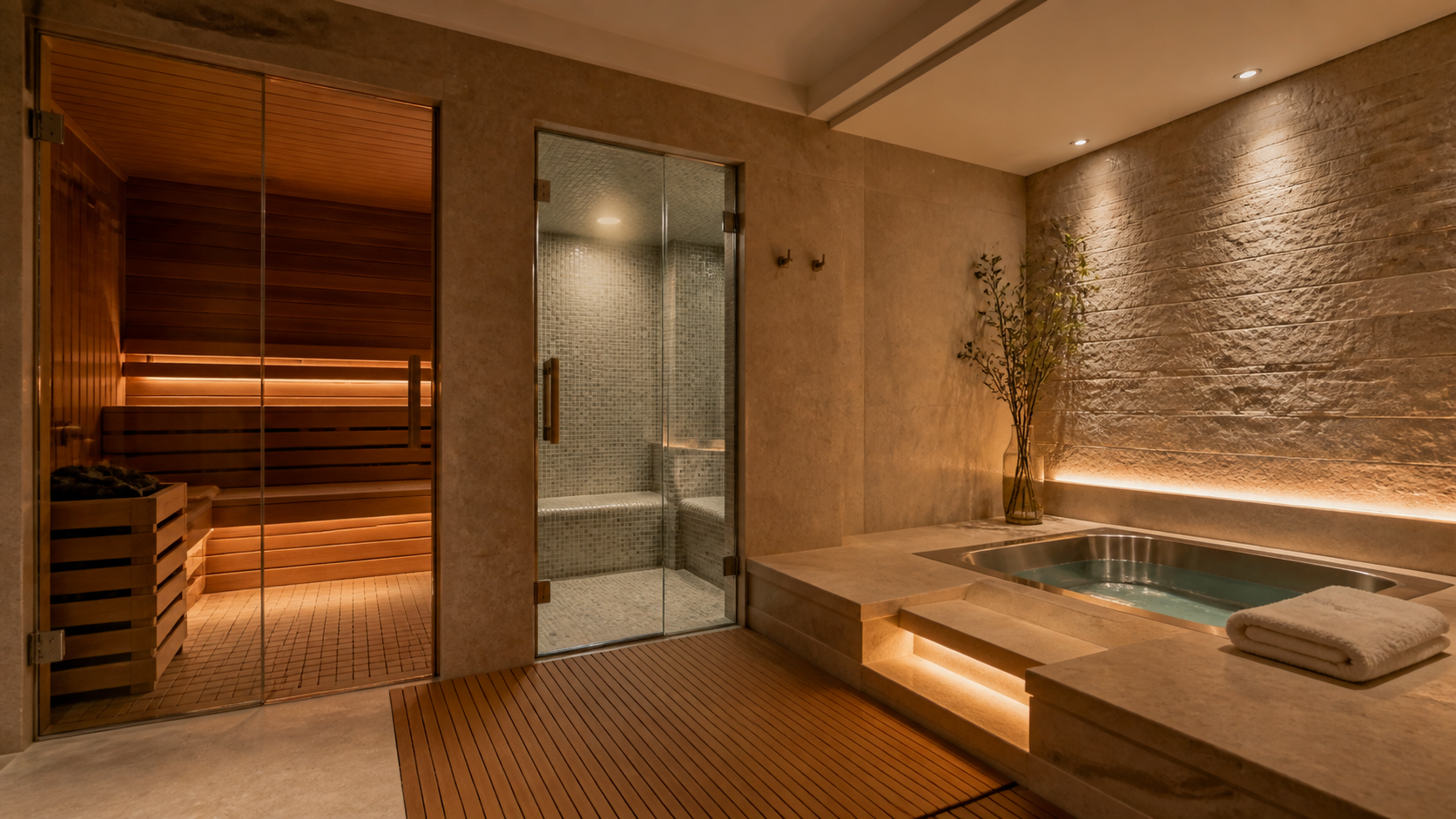 Home wellness suite with cedar sauna, steam room, and recessed cold plunge