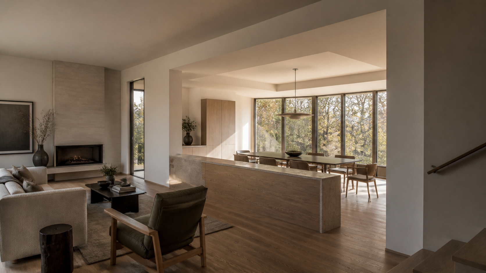 Living and dining zones separated by a low oak half wall and a dropped ceiling soffit