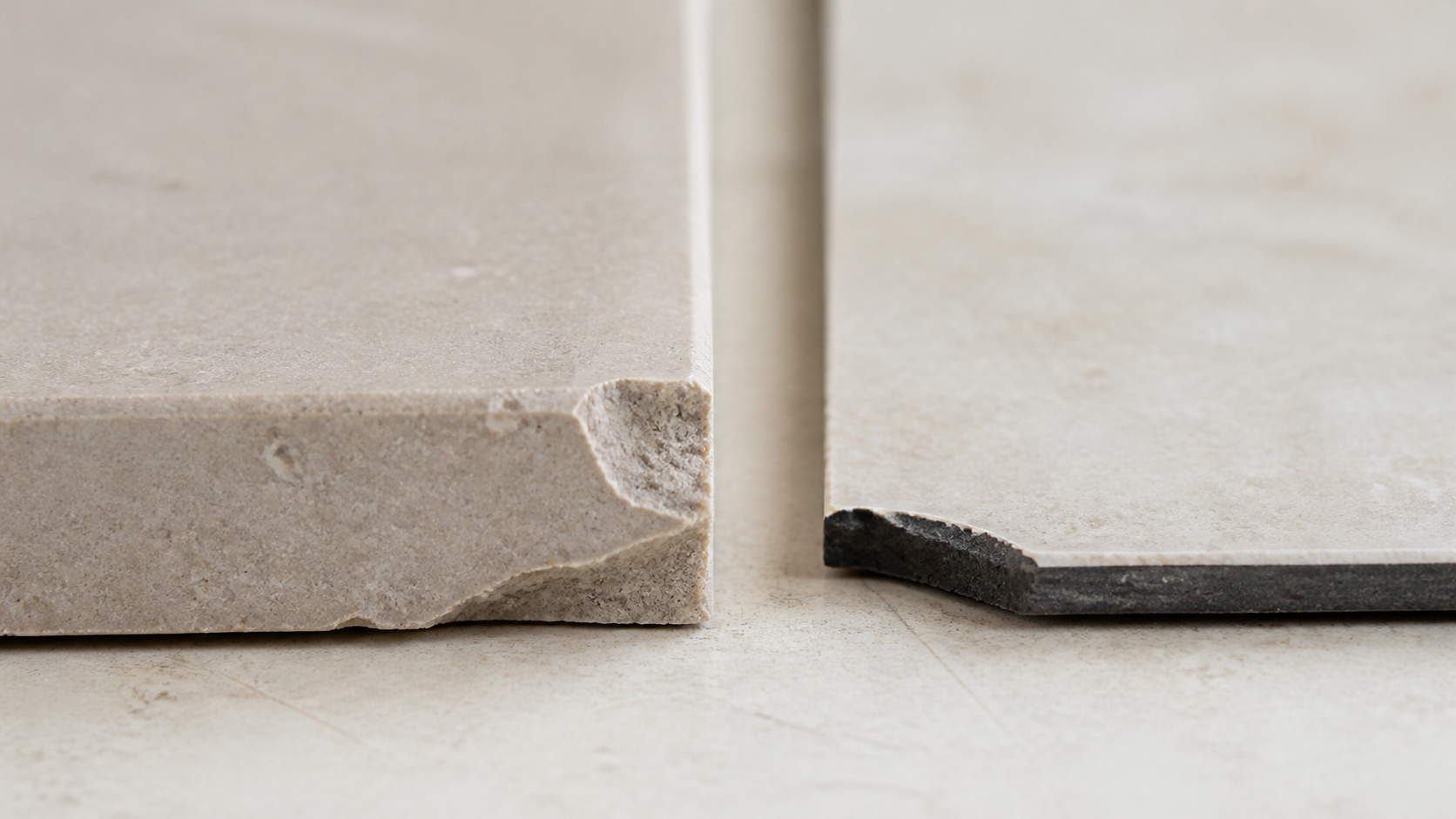 Macro comparison of a chipped solid limestone edge and a chipped printed porcelain slab