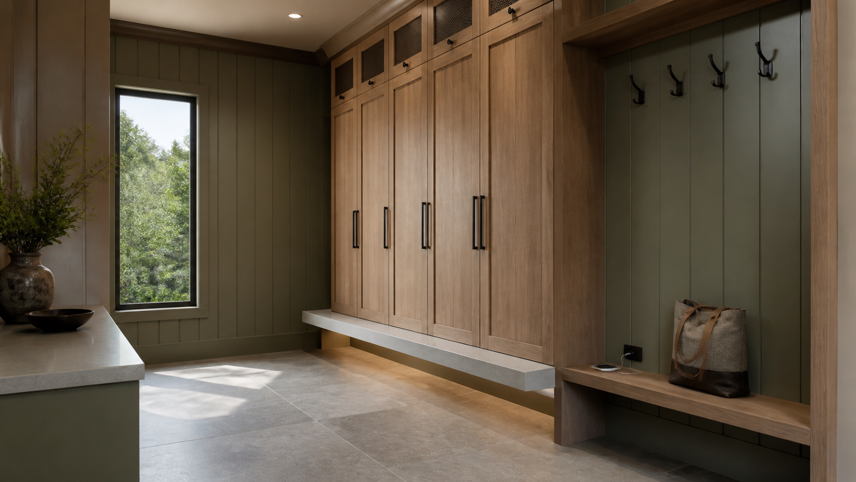 Custom home mudroom with full-height oak lockers, stone bench, and drop-zone niche