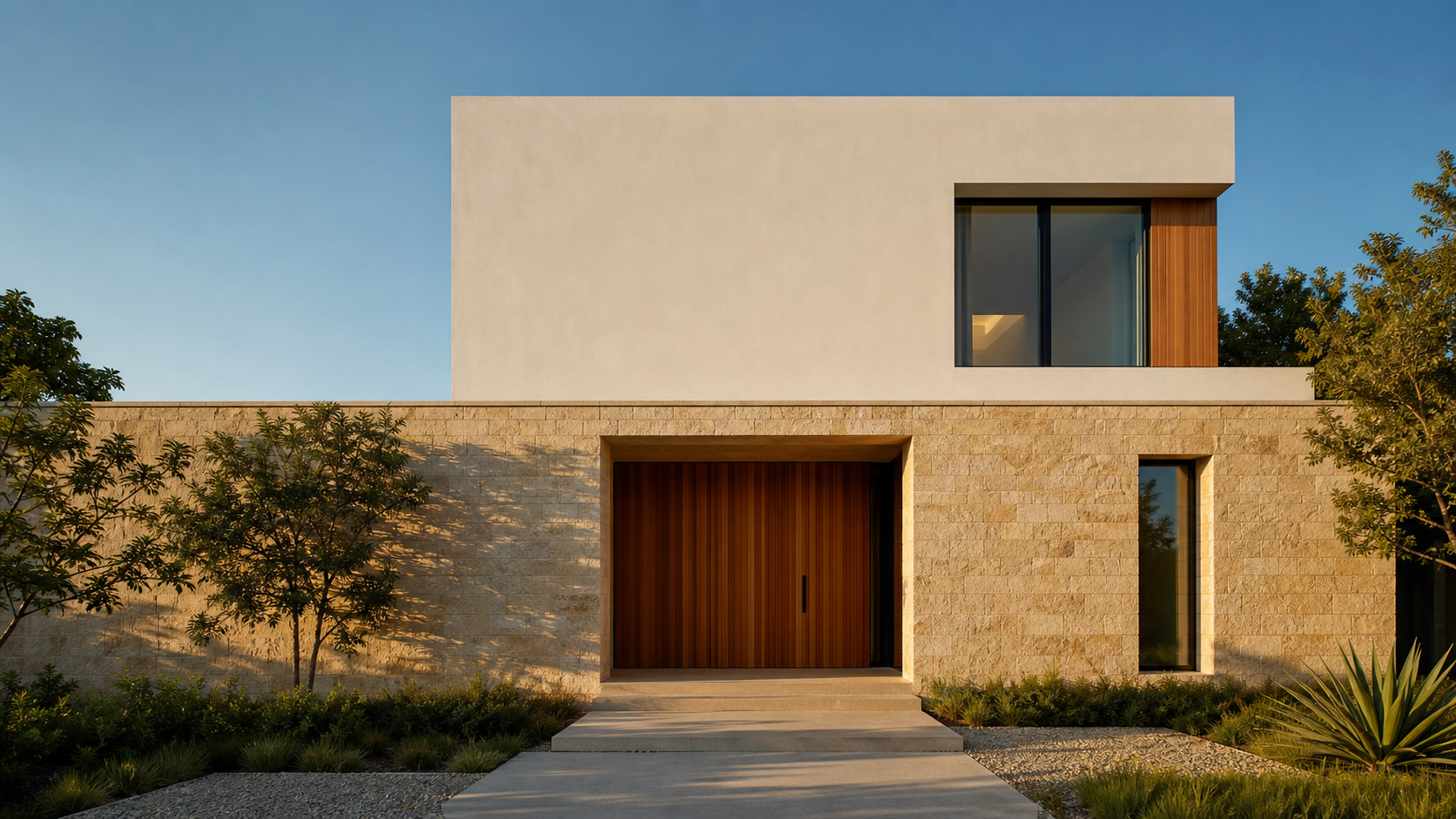 Custom home exterior with limestone base, plaster upper volume, and cedar-lined entry recess