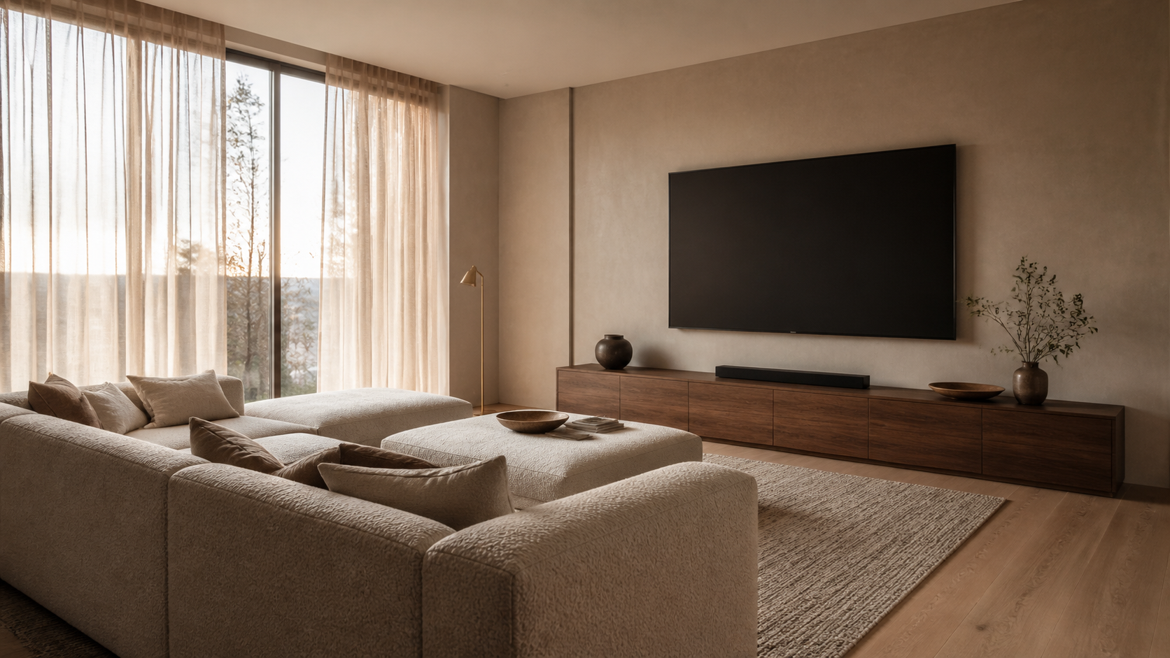 Daylit media lounge with sectional seating and a flush-mounted screen