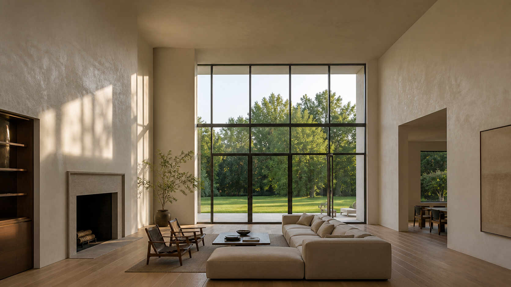 Wide living room with a tall proportional ceiling and full-height glass