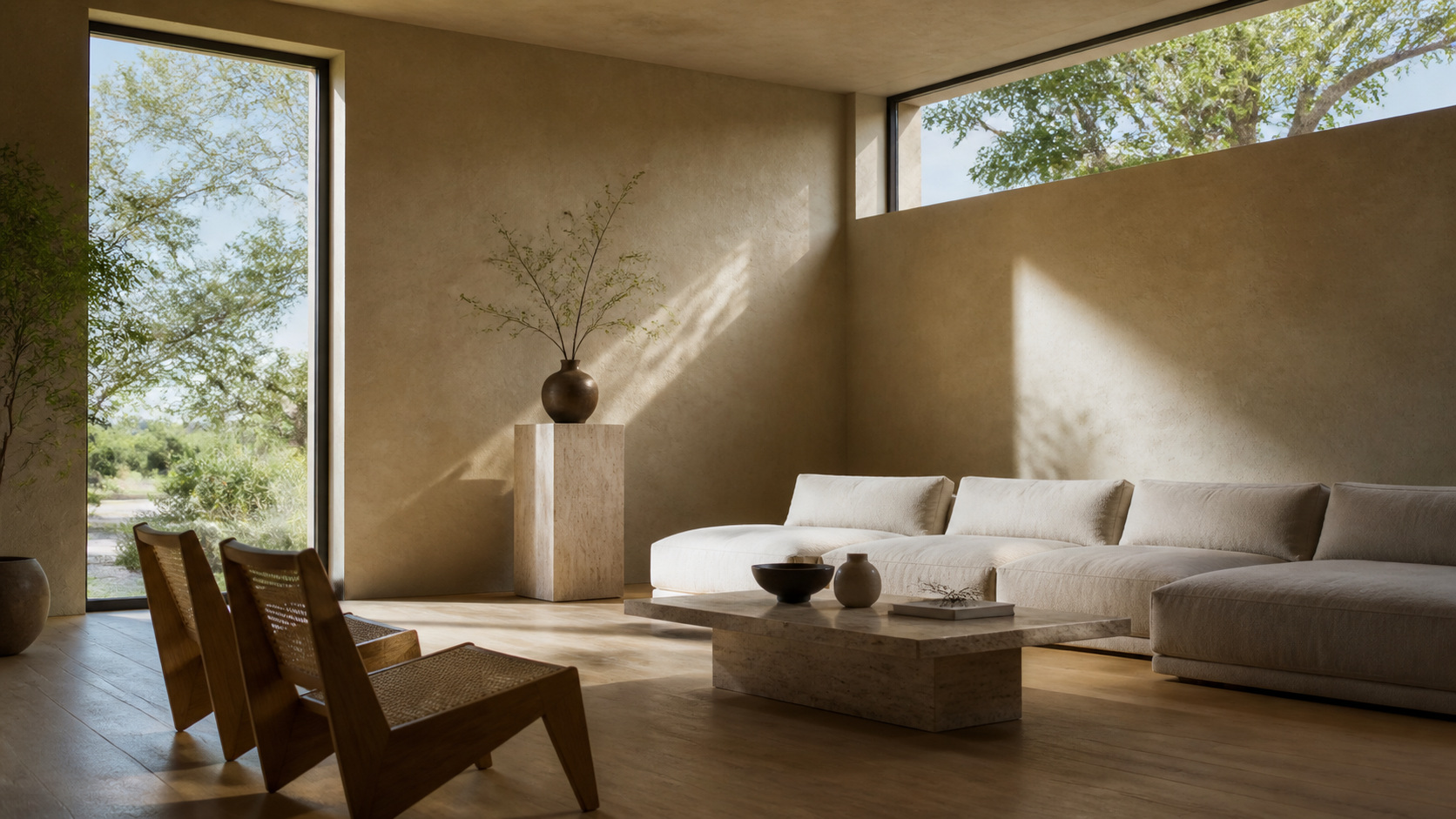 Corner living room lit by daylight from two directions