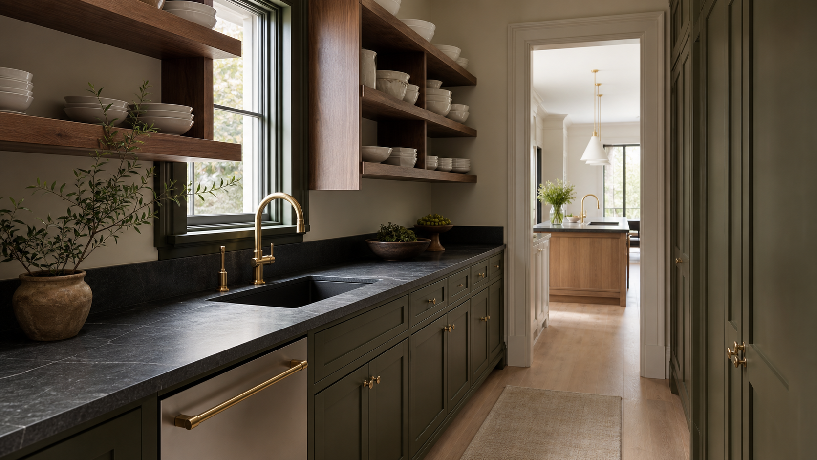 Narrow scullery with soapstone counters, brass faucet, and open walnut shelving