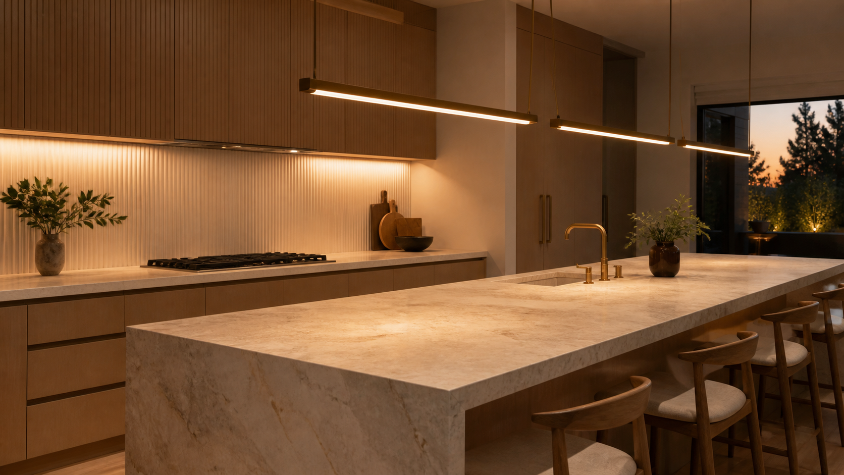Kitchen island lit by pendants and warm undercabinet task lighting