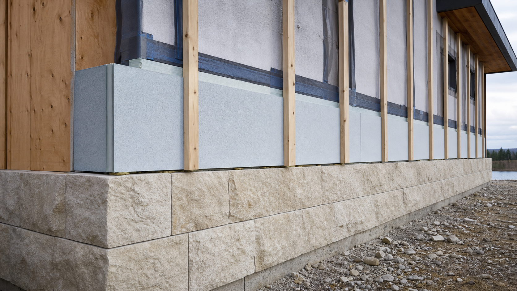 Rainscreen wall assembly with continuous exterior insulation under construction