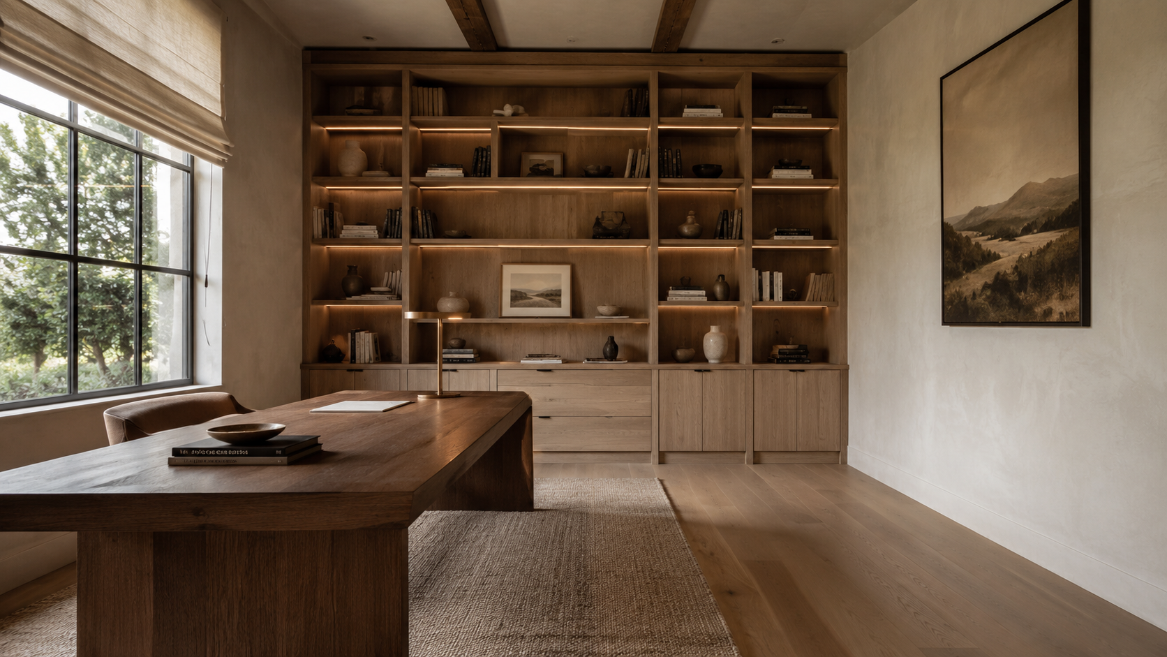 Home office with side light from a north-facing window falling across a wood desk
