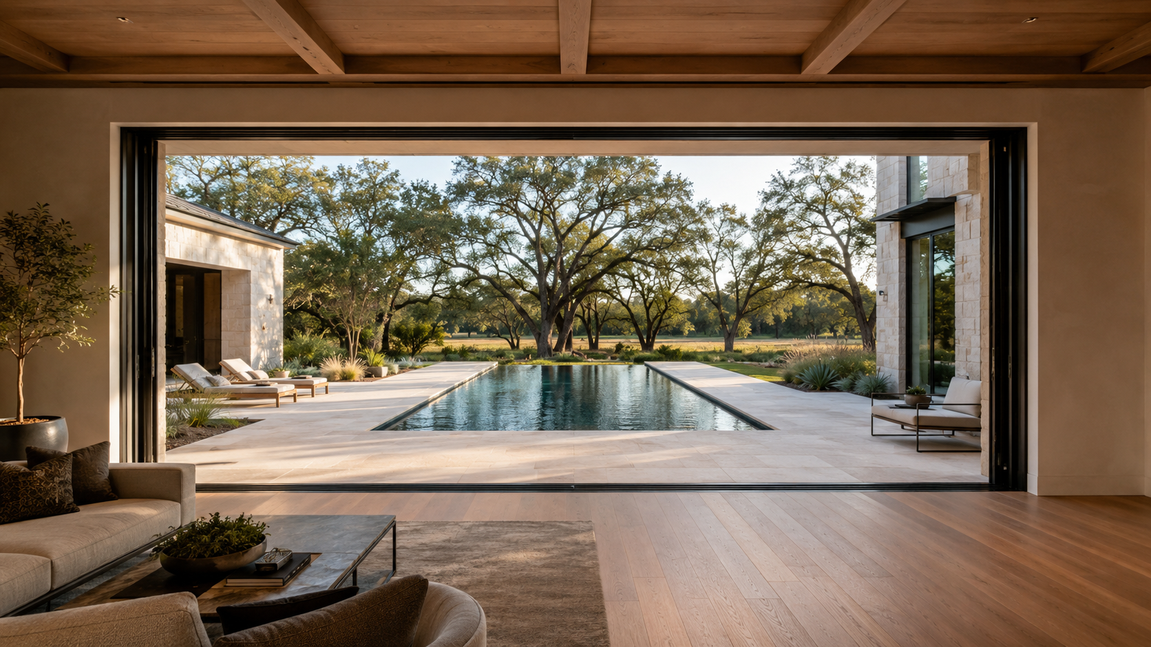 Living room aligned on axis with a rectangular pool through an open glass wall