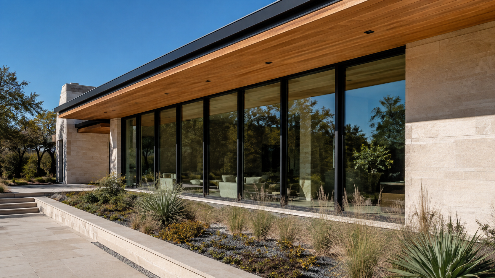 South-facing glass shaded by a deep roof overhang on a modern luxury home