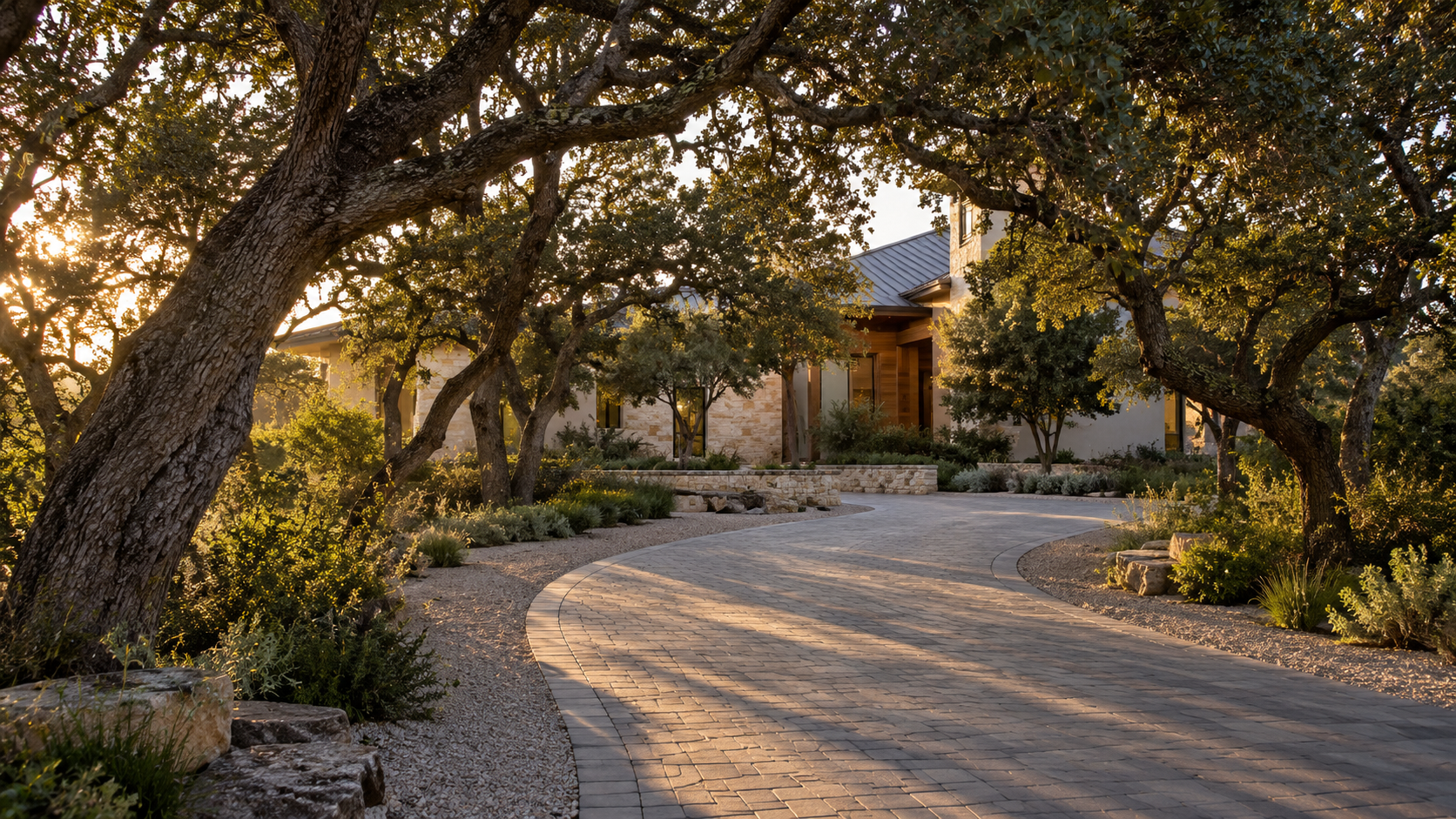 Curved paver driveway revealing a limestone and timber house through oak trees