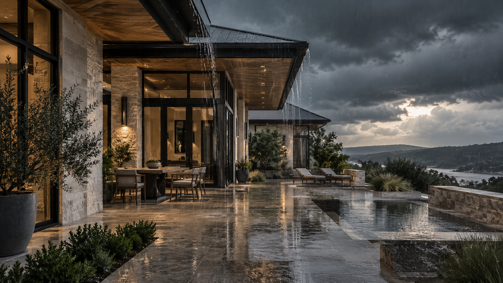 Contemporary Texas home with metal roof and deep overhangs under a storm sky