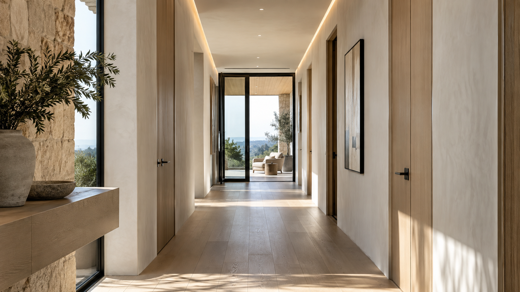 Wide hallway with tall doors and a level threshold to a covered terrace