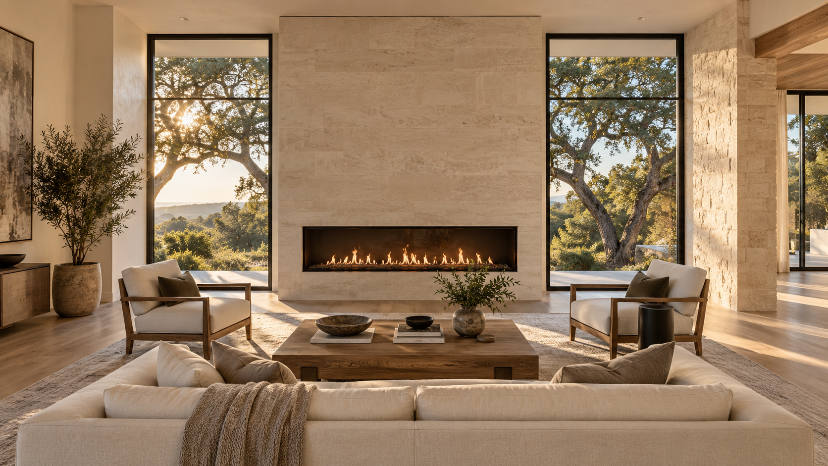 Linear fireplace set into a limestone wall between two tall windows in a custom home living room