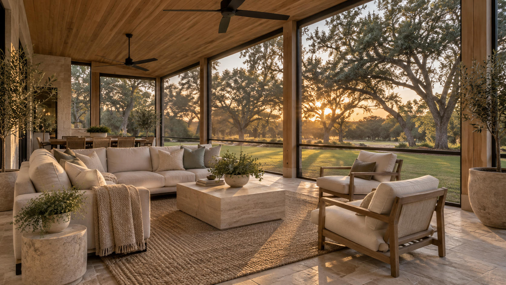Screened porch with cedar ceiling, ceiling fans, limestone floor and linen seating overlooking live oaks