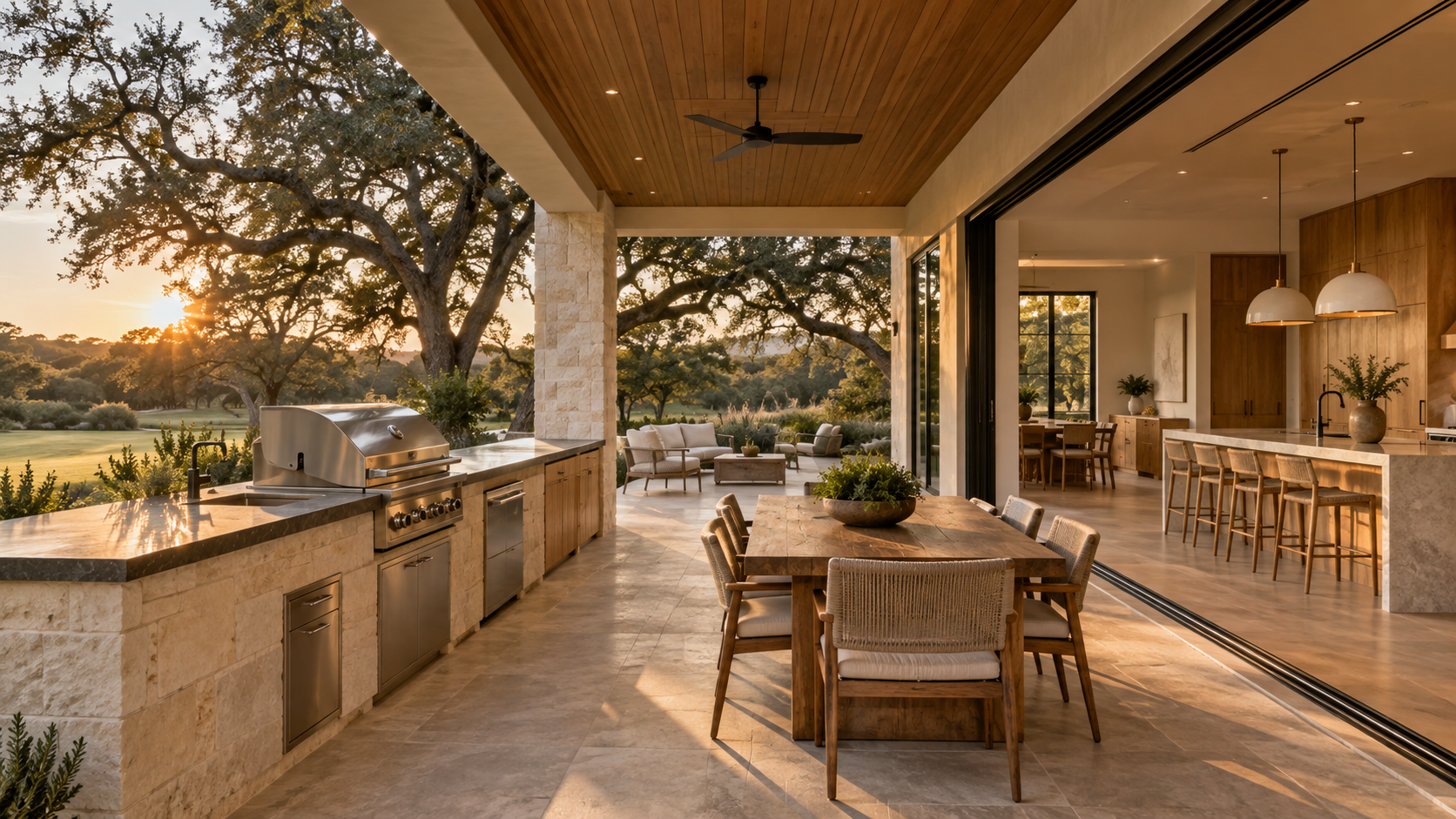 Outdoor kitchen a few steps from the glass door of the indoor kitchen under a cedar-ceiling loggia