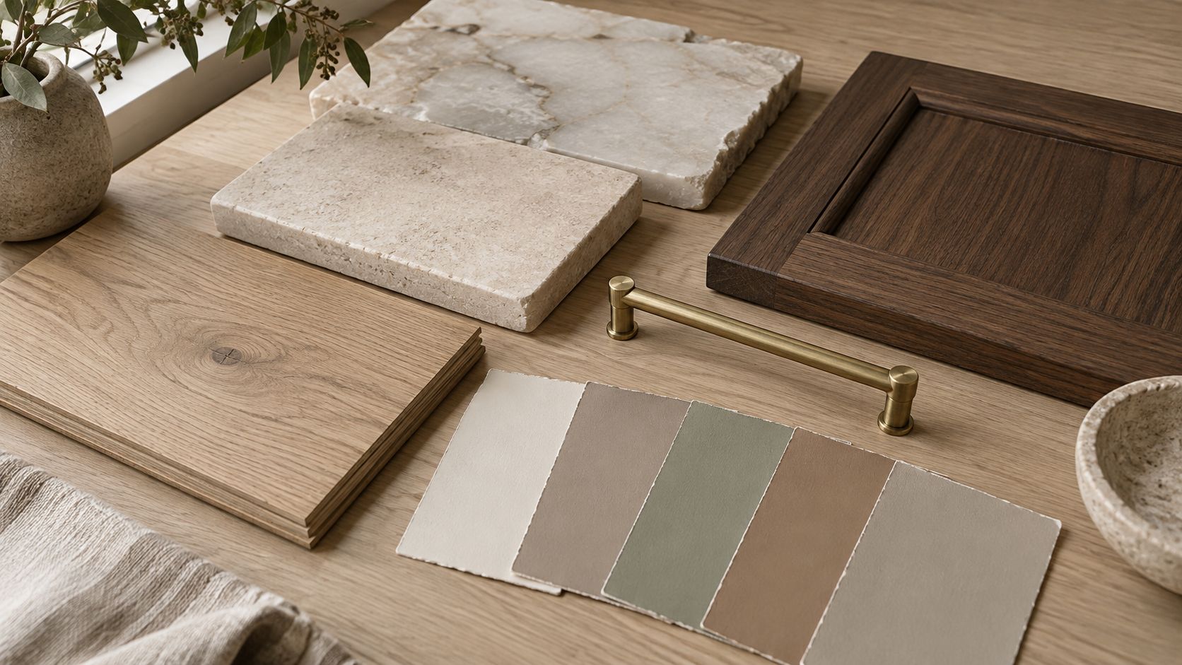Material sample board with oak, limestone, quartzite, walnut, brass and warm neutral paint swatches