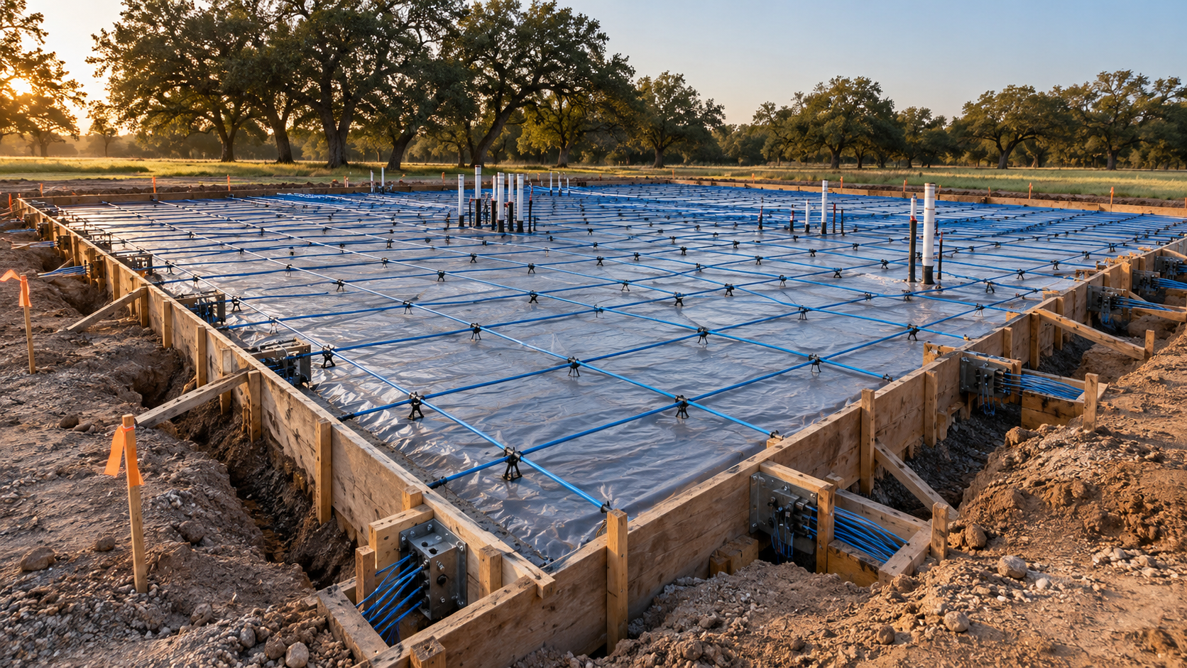 Post-tensioned slab foundation with cables laid out before the concrete pour