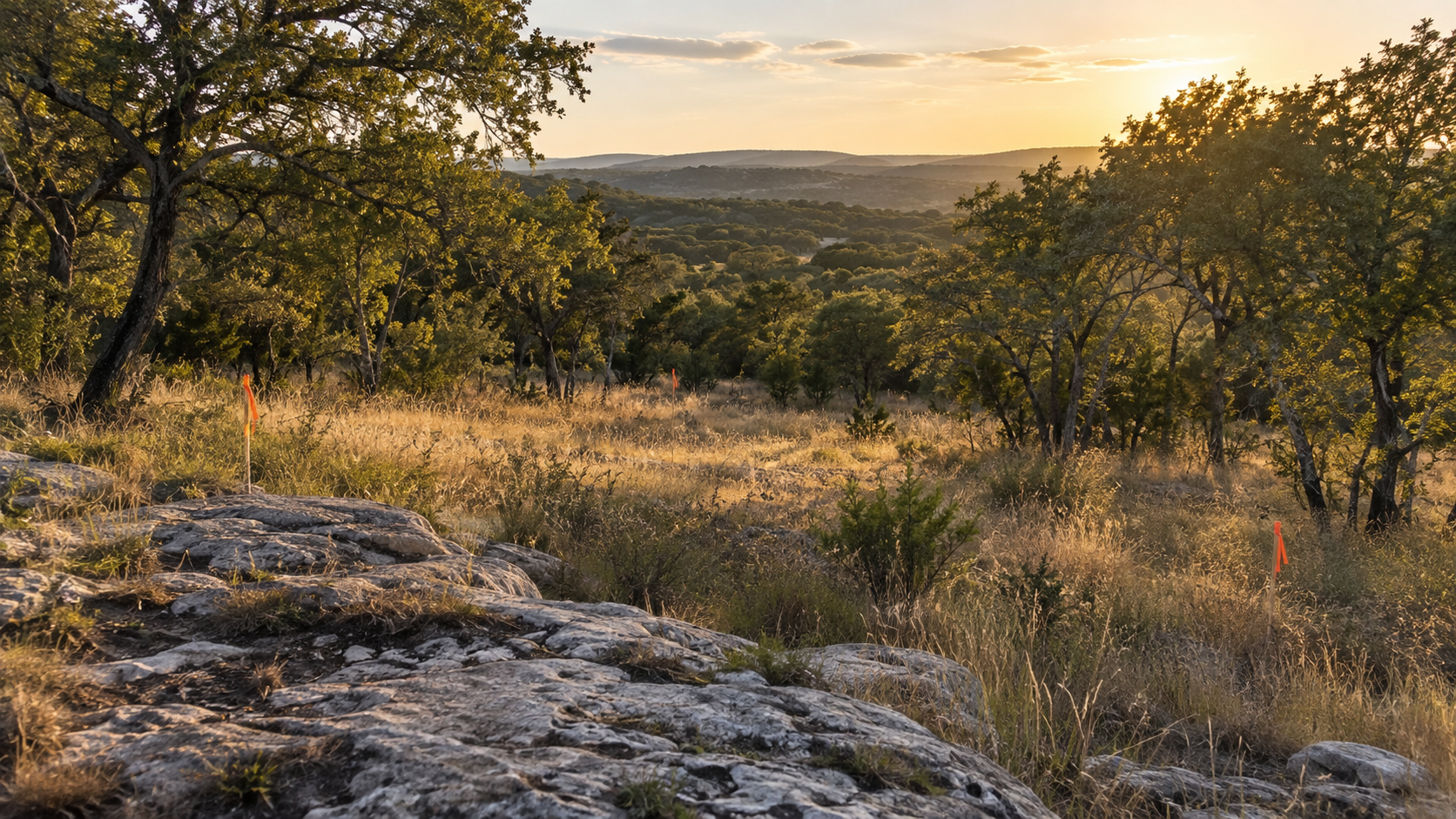 Empty wooded Hill Country lot with survey stakes marking the future house corners