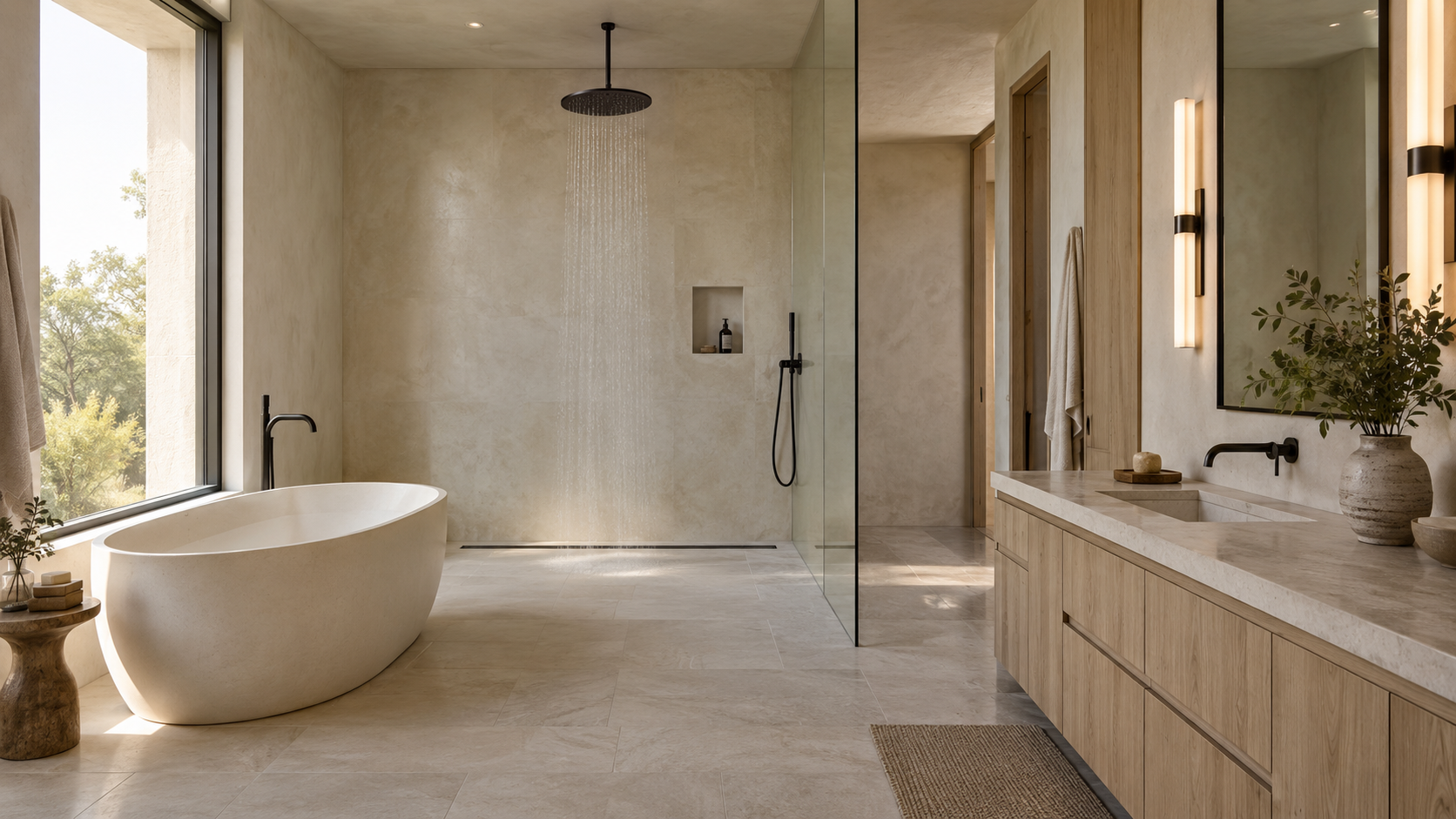 Luxury wet room with freestanding tub and open shower on one continuous limestone floor