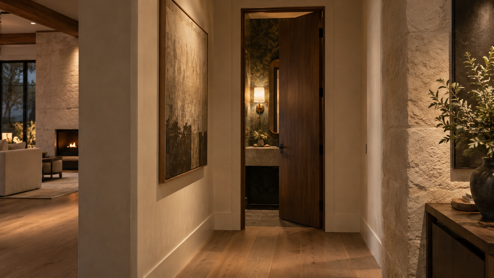 Short hallway leading to a partly open powder room door with dark wallpaper inside