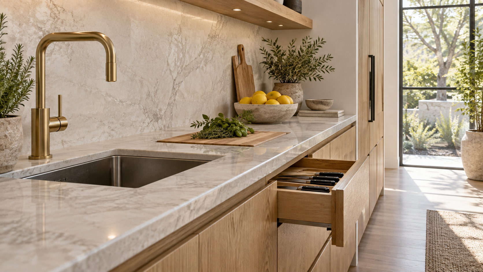 Long quartzite prep counter beside a prep sink with oak cabinetry