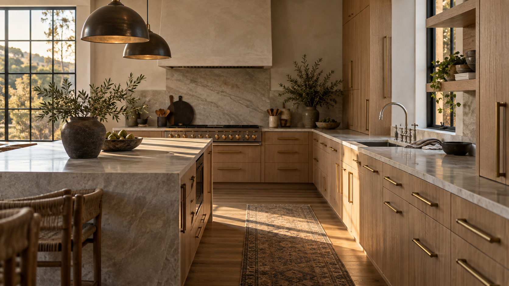 Custom kitchen with brass cabinet pulls, a polished nickel faucet, and bronze pendants