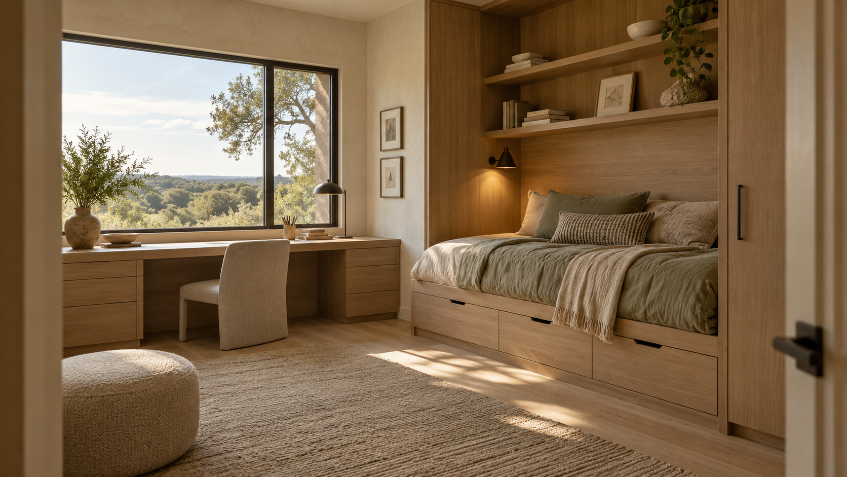 Grown-up child's bedroom with a white oak built-in bed nook and a desk under the window