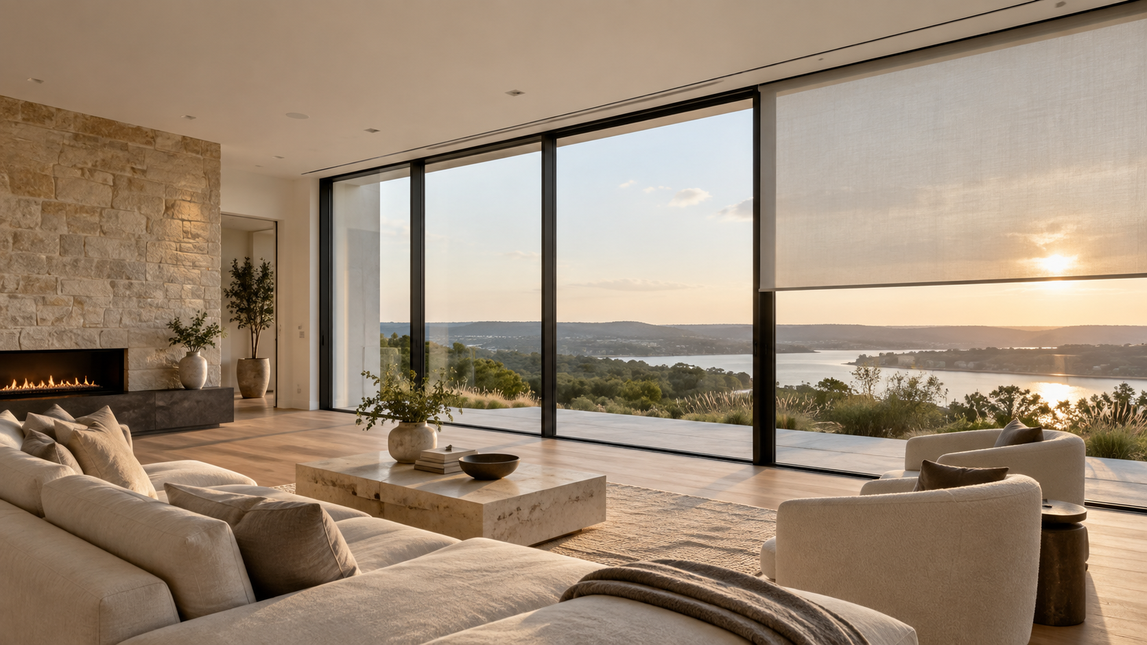Recessed shade pocket in a ceiling above floor-to-ceiling windows with one shade half lowered