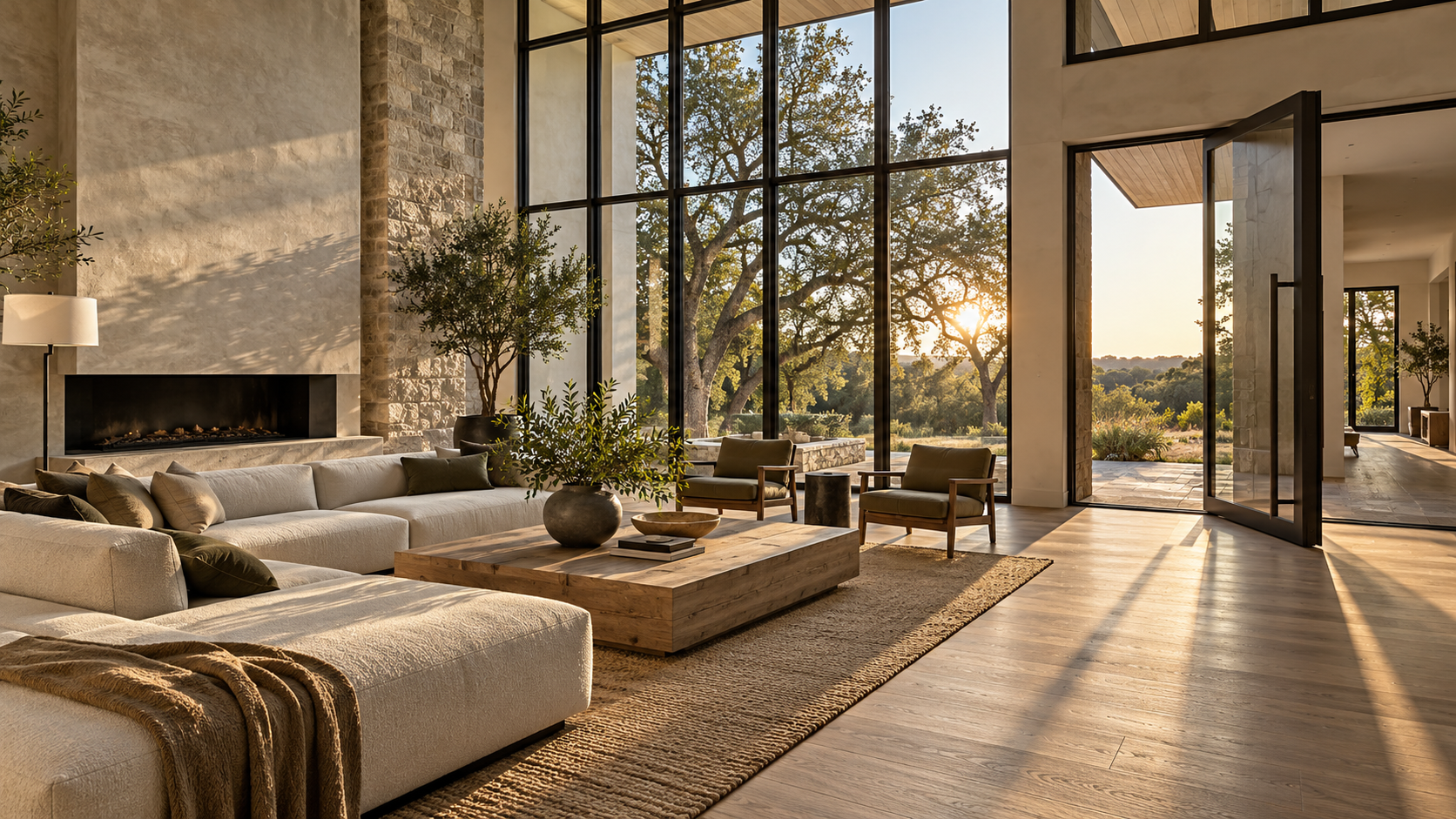 Living room with a wall of slim black-framed windows and a pivot entry door