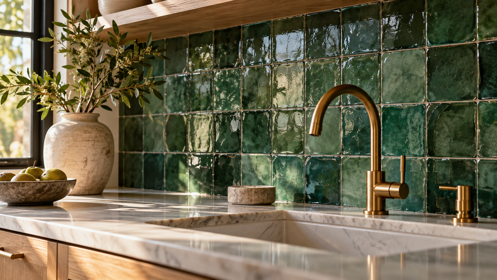 Close-up of green handmade zellige tile backsplash catching raking daylight above a marble countertop