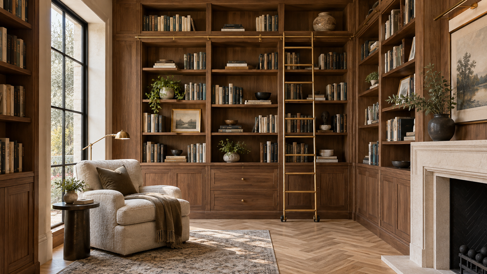 Dedicated home library with floor-to-ceiling walnut shelves, rolling ladder, and a reading chair by the window