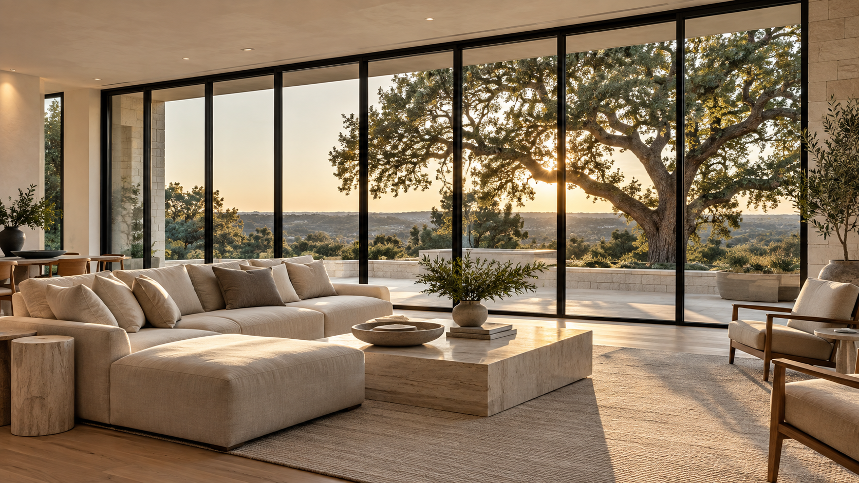 Living room with a wall of closed sliding glass doors and thin black frames looking onto a terrace